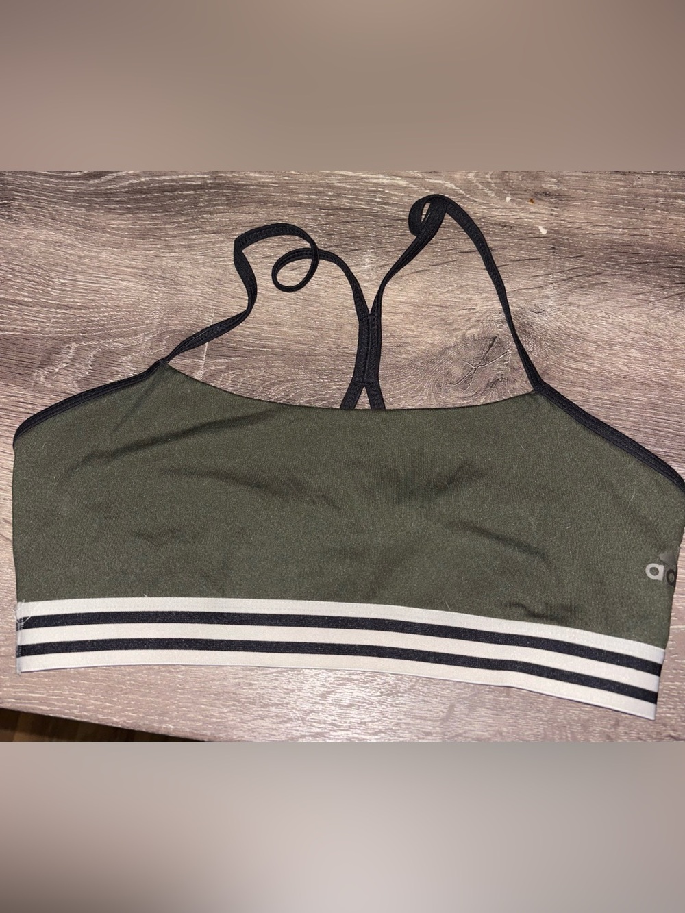 adidas Olive Green Sports Bralette with Black Straps and Striped Band